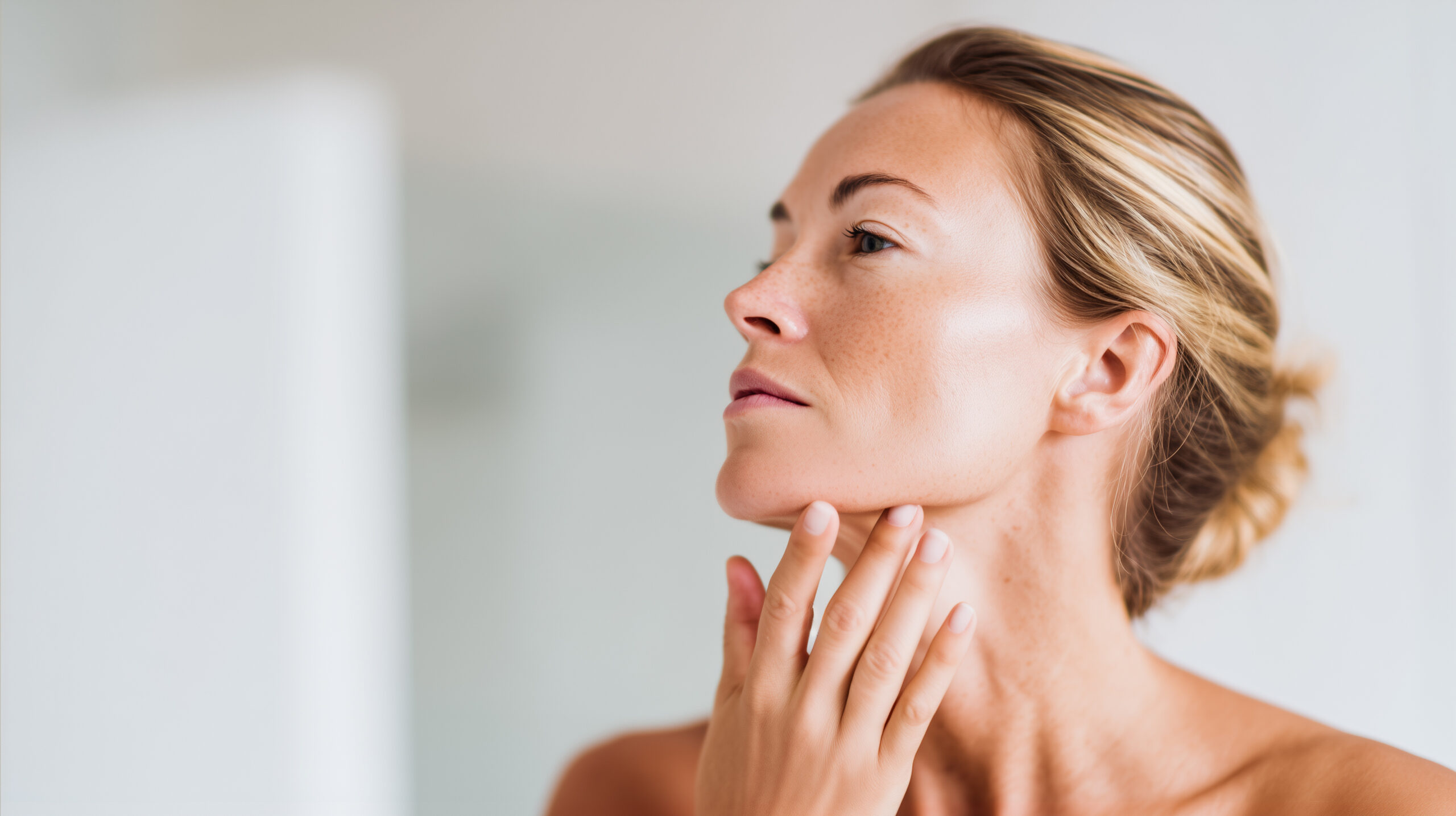 Young woman massages chin and jawline to lift double chin contour. Natural facial massage routine, skin tightening, anti-aging selfcare, morning glow, clean beauty ritual.